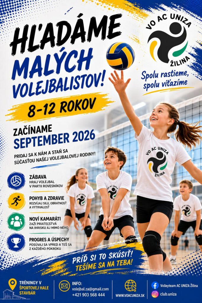 Náborový plagát VO AC UNIZA Žilina: Hľadáme malých volejbalistov vo veku 8 až 12 rokov, začíname v septembri 2026, tréningy v Športovej hale Stavbár